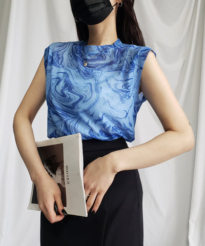 【 ５color 】総柄マーブルシアースタンドノースリーブトップス ／ marble sheer stand nosleeve tops
