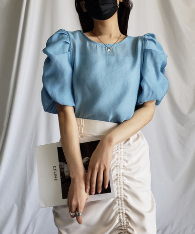 【 5color 】シャーリングパフスリーブグロッシーシアーブラウス