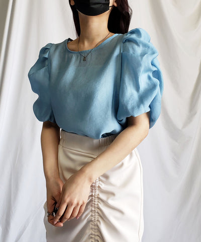 【 5color 】シャーリングパフスリーブグロッシーシアーブラウス