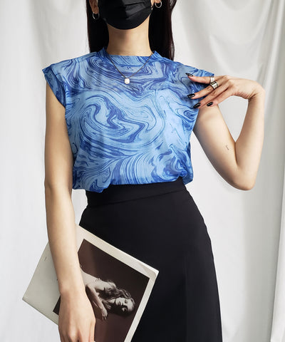 【 ５color 】総柄マーブルシアースタンドノースリーブトップス ／ marble sheer stand nosleeve tops