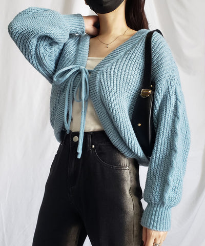 【 ５color 】フロントダブルリボンショートボレロカーディガン