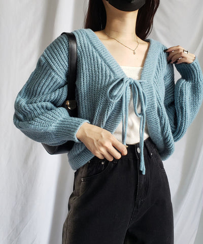【 ５color 】フロントダブルリボンショートボレロカーディガン