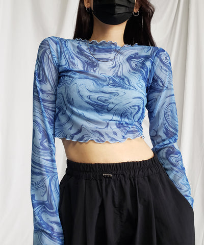 【 ５color 】総柄マーブルシアーメローショートトップス／ marble sheer mellow short tops