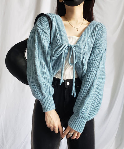 【 ５color 】フロントダブルリボンショートボレロカーディガン