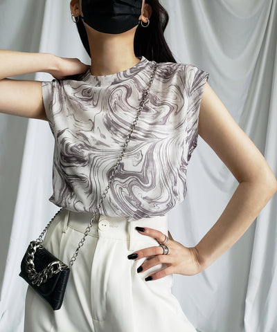 【 ５color 】総柄マーブルシアースタンドノースリーブトップス ／ marble sheer stand nosleeve tops