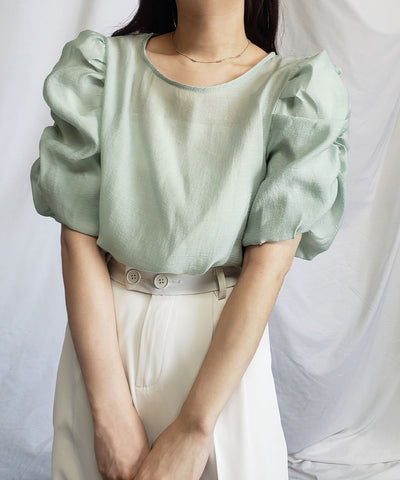【 5color 】シャーリングパフスリーブグロッシーシアーブラウス