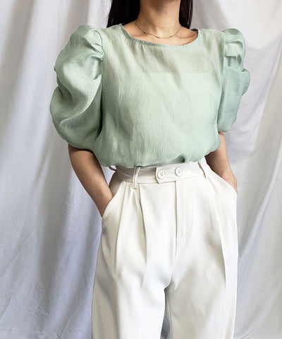 【 5color 】シャーリングパフスリーブグロッシーシアーブラウス