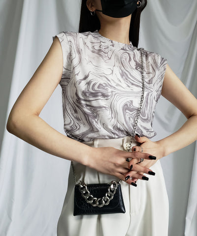 【 ５color 】総柄マーブルシアースタンドノースリーブトップス ／ marble sheer stand nosleeve tops