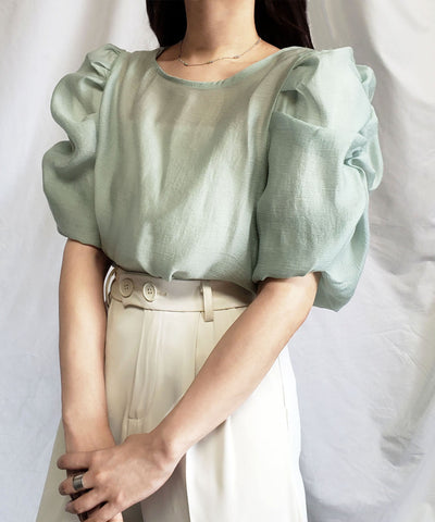 【 5color 】シャーリングパフスリーブグロッシーシアーブラウス