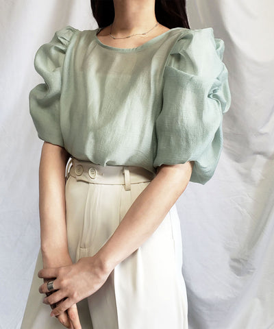 【 5color 】シャーリングパフスリーブグロッシーシアーブラウス