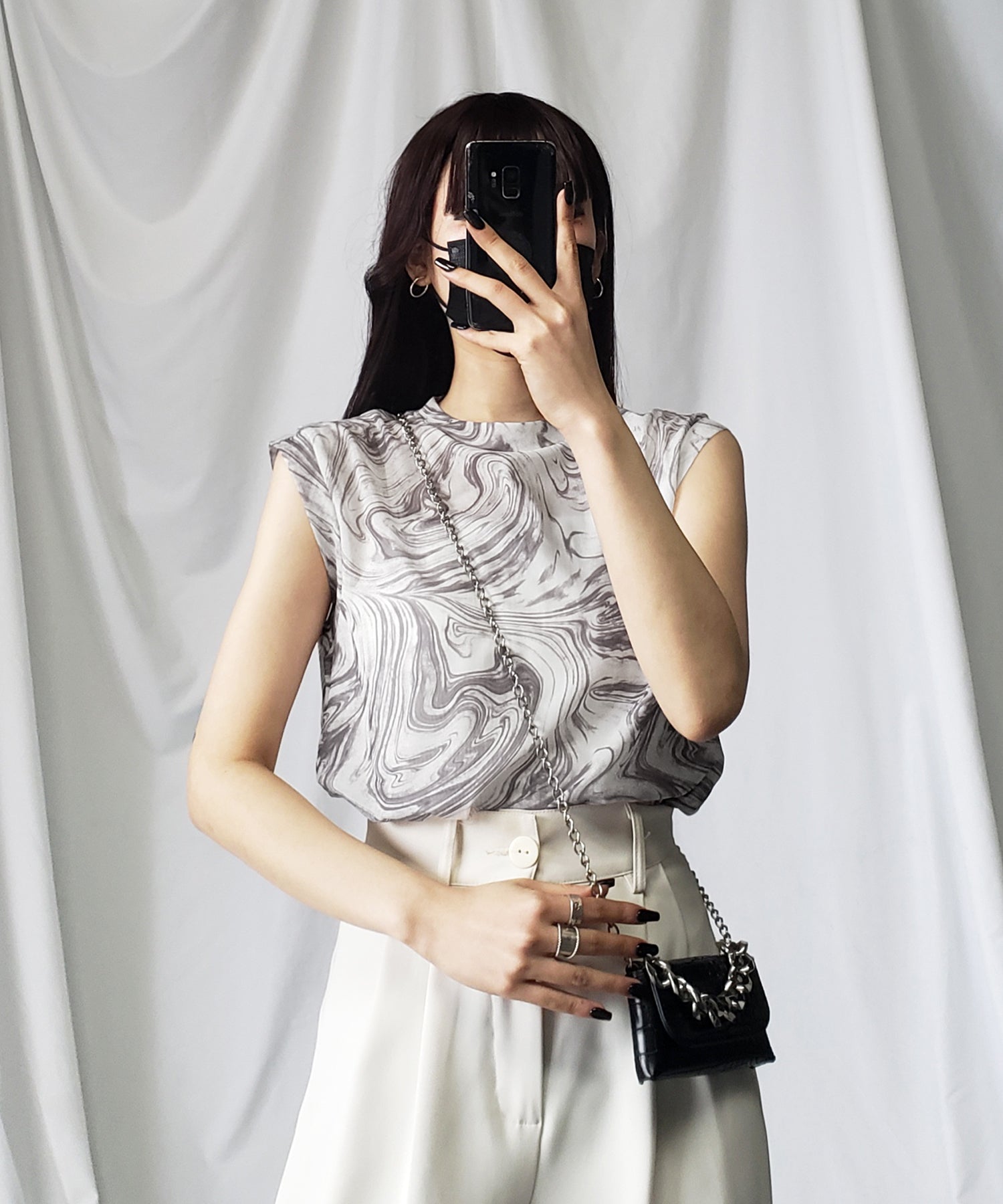 【 ５color 】総柄マーブルシアースタンドノースリーブトップス ／ marble sheer stand nosleeve tops