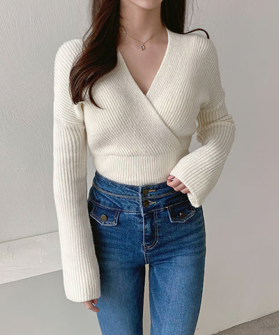 【 5color 】ウエストリブカシュクールショートニット