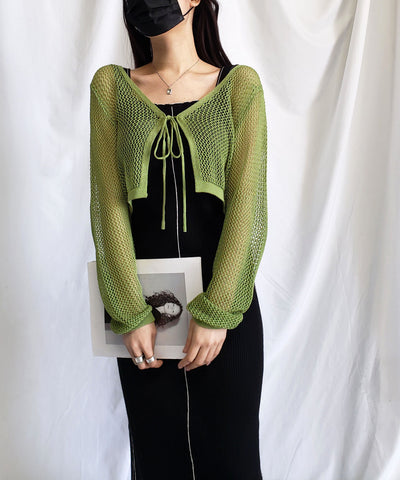 【 ２WAY／６color 】華奢リボンメッシュワイドショートカーディガン