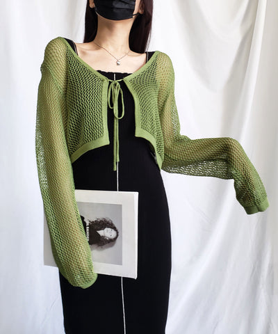 【 ２WAY／６color 】華奢リボンメッシュワイドショートカーディガン