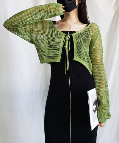 【 ２WAY／６color 】華奢リボンメッシュワイドショートカーディガン