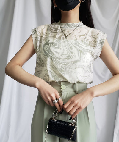 【 ５color 】総柄マーブルシアースタンドノースリーブトップス ／ marble sheer stand nosleeve tops