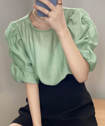 【 5color 】シャーリングパフスリーブグロッシーシアーブラウス