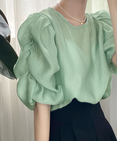 【 5color 】シャーリングパフスリーブグロッシーシアーブラウス