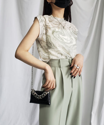 【 ５color 】総柄マーブルシアースタンドノースリーブトップス ／ marble sheer stand nosleeve tops