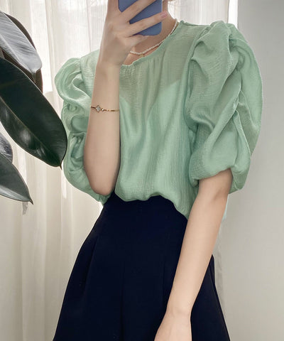 【 5color 】シャーリングパフスリーブグロッシーシアーブラウス