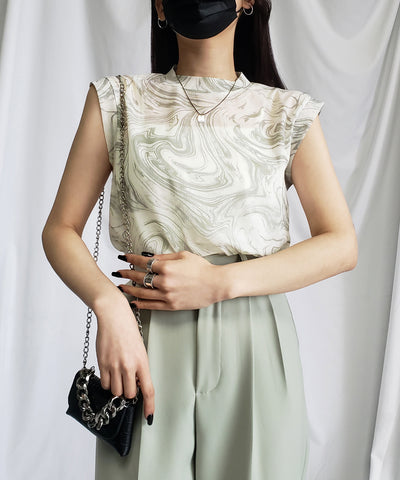 【 ５color 】総柄マーブルシアースタンドノースリーブトップス ／ marble sheer stand nosleeve tops