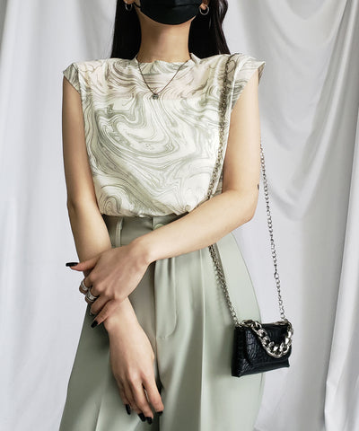 【 ５color 】総柄マーブルシアースタンドノースリーブトップス ／ marble sheer stand nosleeve tops
