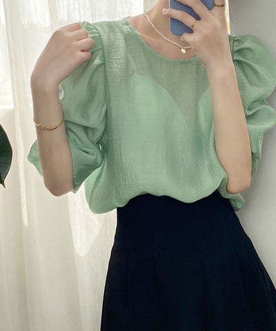 【 5color 】シャーリングパフスリーブグロッシーシアーブラウス