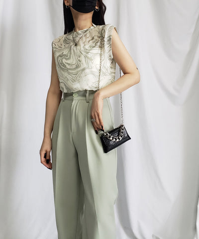 【 ５color 】総柄マーブルシアースタンドノースリーブトップス ／ marble sheer stand nosleeve tops
