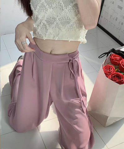 【 ３color ／ ３size 】華奢サイドリボンツータックスラックス