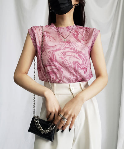 【 ５color 】総柄マーブルシアースタンドノースリーブトップス ／ marble sheer stand nosleeve tops