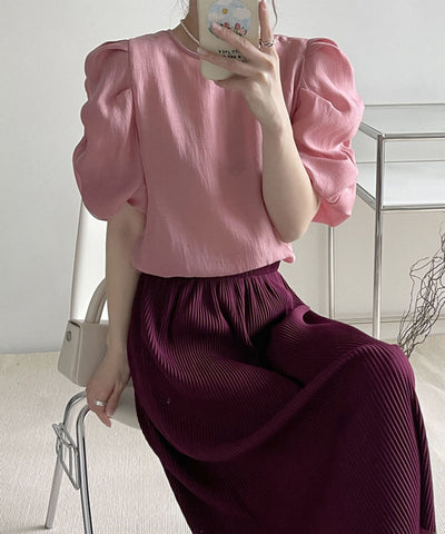 【 5color 】シャーリングパフスリーブグロッシーシアーブラウス