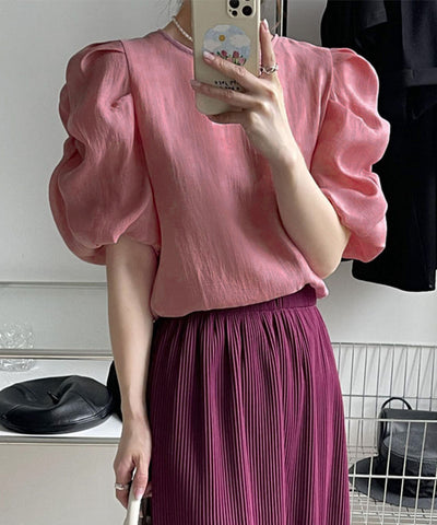 【 5color 】シャーリングパフスリーブグロッシーシアーブラウス