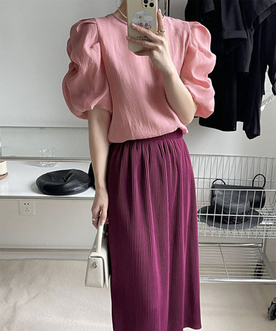 【 5color 】シャーリングパフスリーブグロッシーシアーブラウス