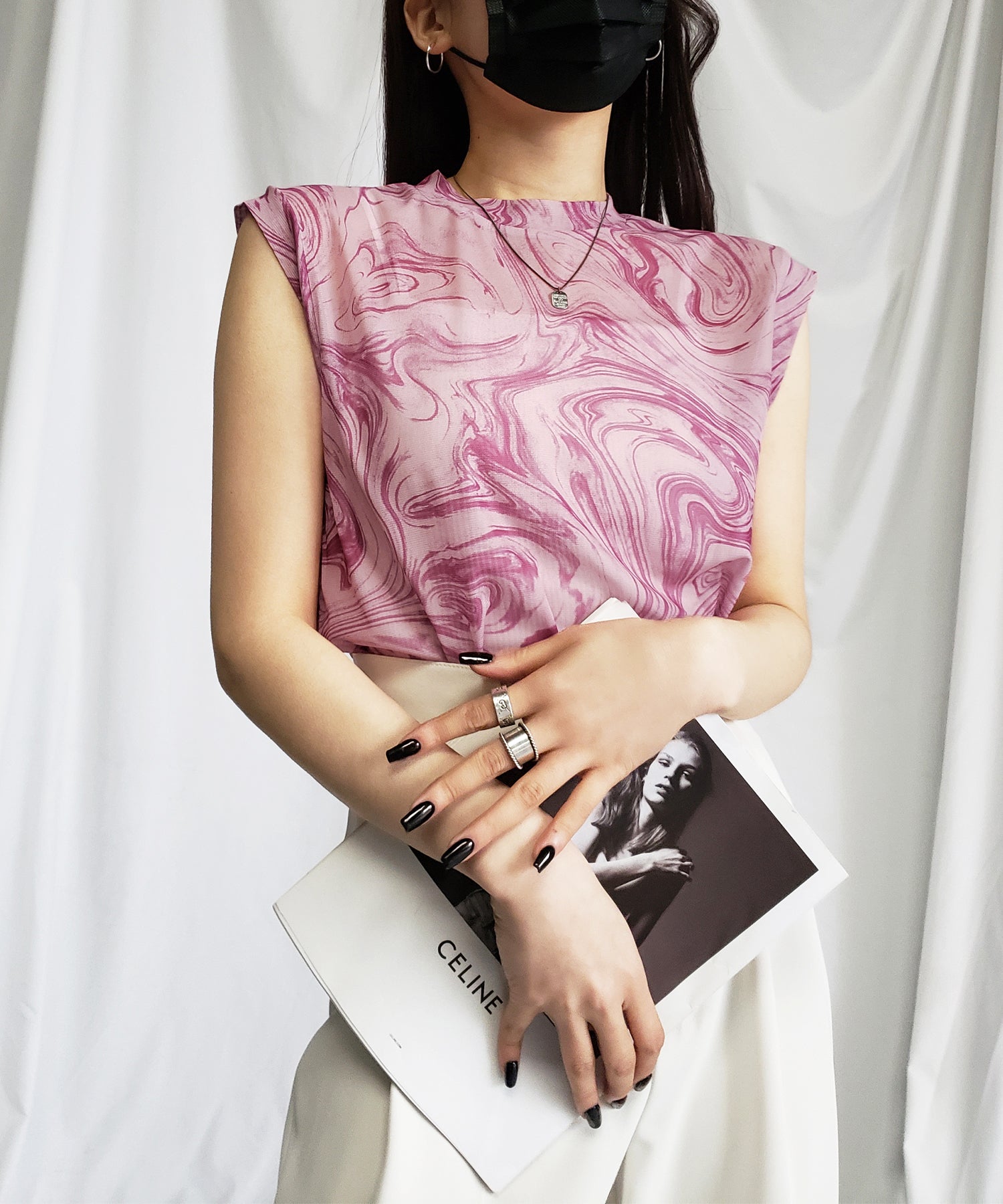 【 ５color 】総柄マーブルシアースタンドノースリーブトップス ／ marble sheer stand nosleeve tops