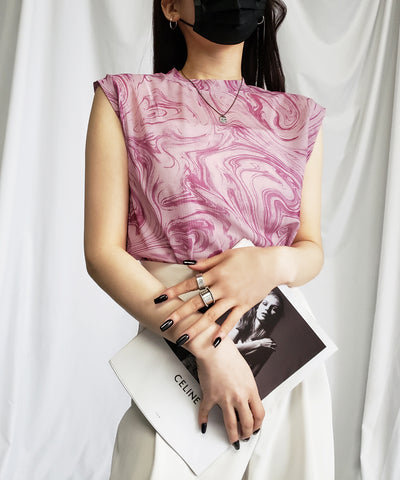 【 ５color 】総柄マーブルシアースタンドノースリーブトップス ／ marble sheer stand nosleeve tops