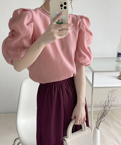 【 5color 】シャーリングパフスリーブグロッシーシアーブラウス