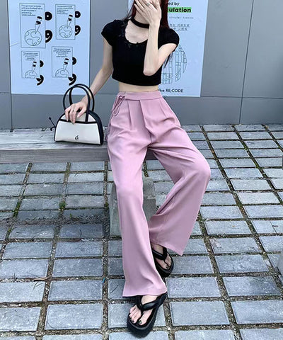 【 ３color ／ ３size 】華奢サイドリボンツータックスラックス