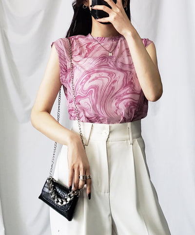 【 ５color 】総柄マーブルシアースタンドノースリーブトップス ／ marble sheer stand nosleeve tops