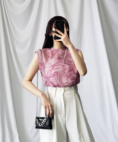 【 ５color 】総柄マーブルシアースタンドノースリーブトップス ／ marble sheer stand nosleeve tops