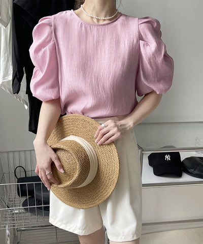 【 5color 】シャーリングパフスリーブグロッシーシアーブラウス