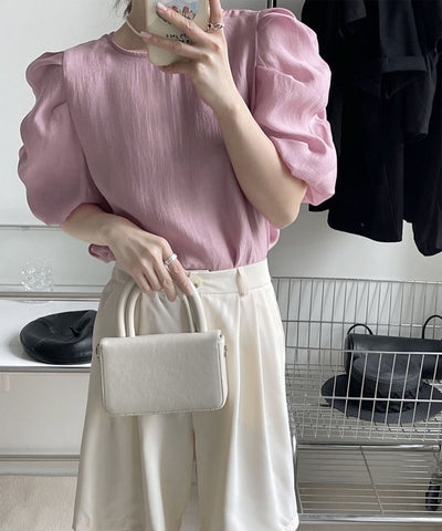 【 5color 】シャーリングパフスリーブグロッシーシアーブラウス