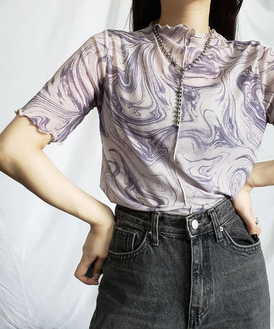 【 ７色展開 /２WAY 】総柄マーブルシアー半袖メロートップス 《マーブルトップスに半袖バージョンが登場！ 》