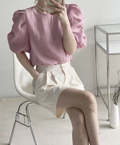 【 5color 】シャーリングパフスリーブグロッシーシアーブラウス