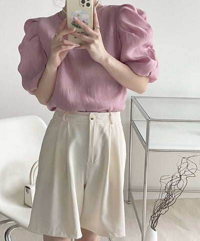 【 5color 】シャーリングパフスリーブグロッシーシアーブラウス