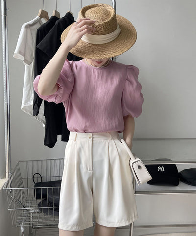 【 5color 】シャーリングパフスリーブグロッシーシアーブラウス