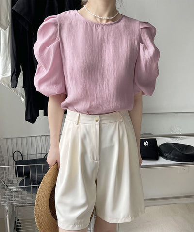 【 5color 】シャーリングパフスリーブグロッシーシアーブラウス