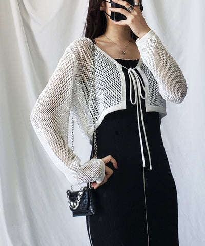 【 ２WAY／６color 】華奢リボンメッシュワイドショートカーディガン