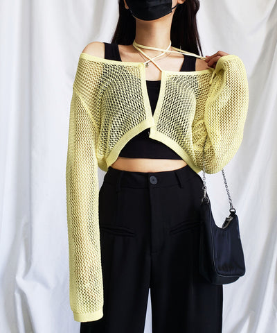 【 ２WAY／６color 】華奢リボンメッシュワイドショートカーディガン