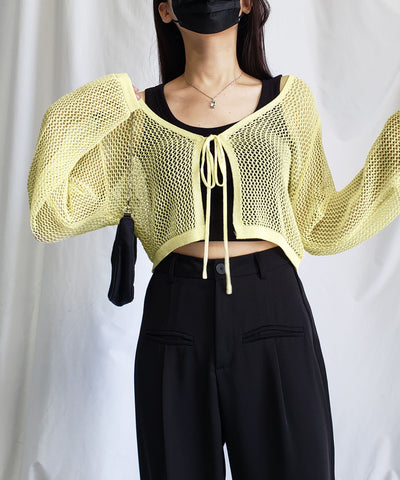 【 ２WAY／６color 】華奢リボンメッシュワイドショートカーディガン
