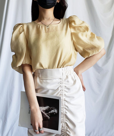 【 5color 】シャーリングパフスリーブグロッシーシアーブラウス